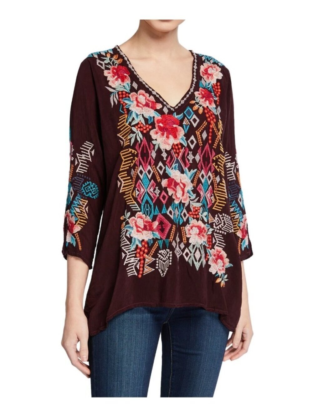 Johnny Was Emmaline Womens Embroidered V-neck Tunic Blouse Size S Maroon Boho